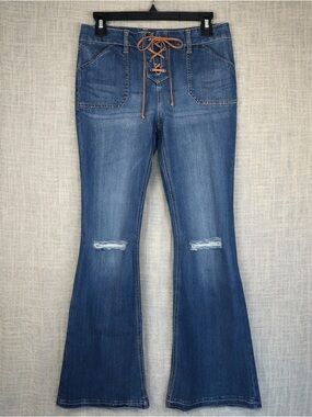 New York & Company Lace Up Jeans 32x33 Slim Boho Western Denim Y2K